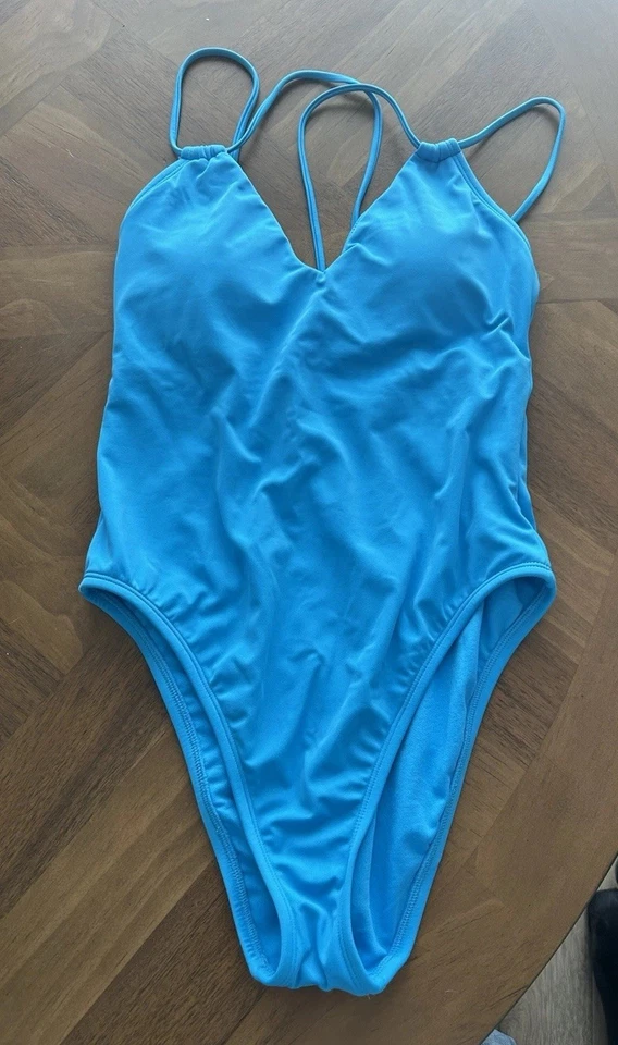 Shade & Shore 女式中号蓝色系带连体泳衣青色 — 第 1/4 张图片