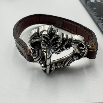 Brighton Silver Tone Brown Leather w/ Heart Scroll Ornate Bracelet - Изображение 1 из 4