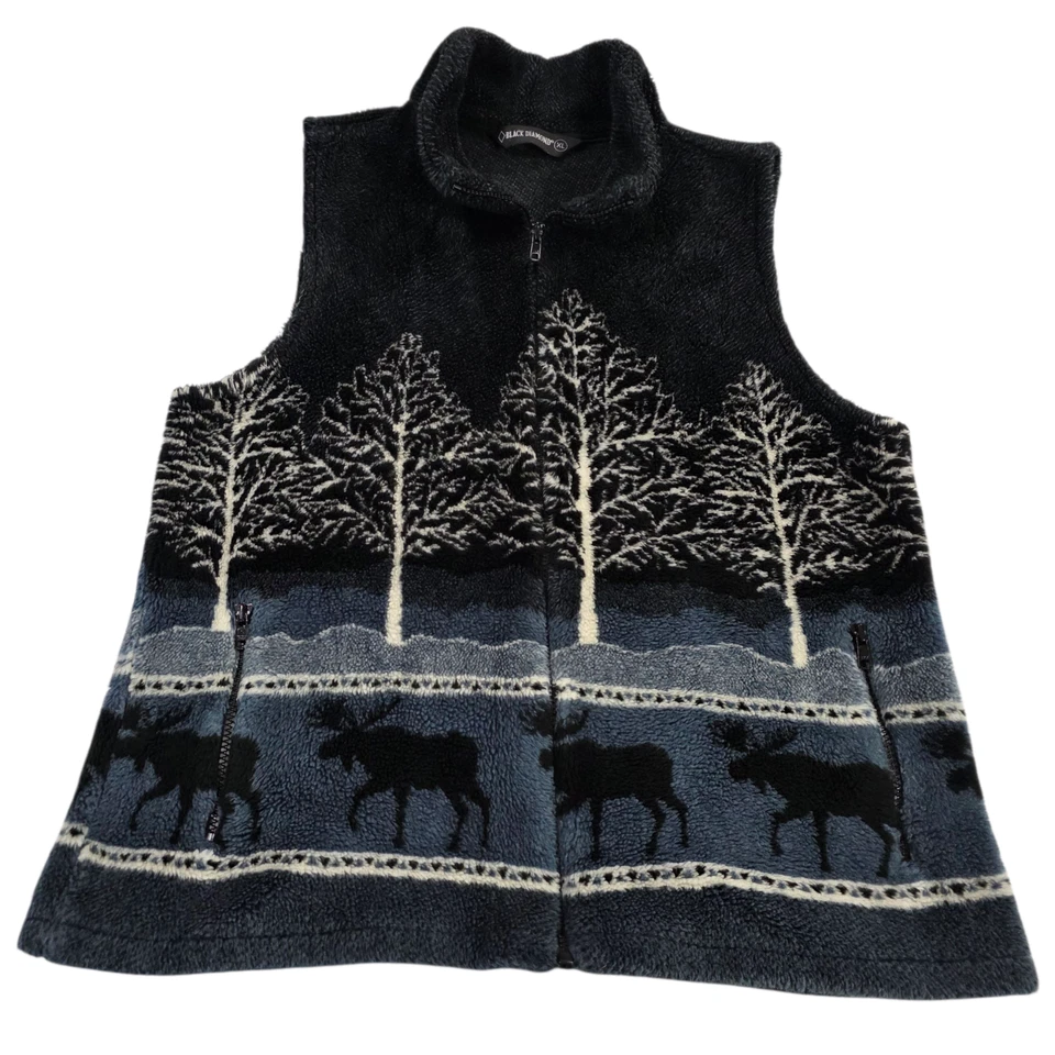 Chaleco polar diamante negro para mujer XL negro azul patrón de árbol de alce cremallera completa Foto 1 de 4