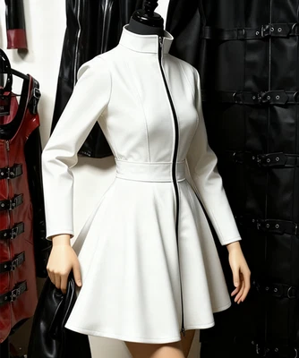 LATEX COOL Latex Dress Rubber Gummi Cosplay Long Skirt White Costume Front Zipper S-XXL