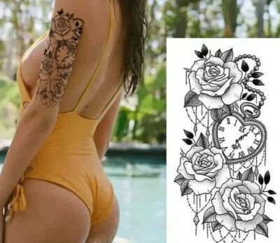 QUEEN OF ENVY Love Heart, Time, Watch, Roses Temporary Tattoo Fake Sticker Womens Arm Leg UK