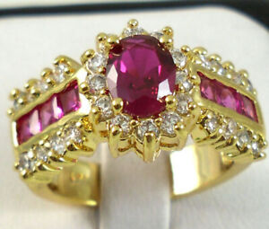 Fashion Women's Wedding Rings Red Ruby & CZ 18K Yellow Gold Filled Ring  Sz 6-10