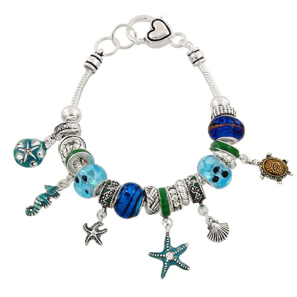 Pulsera Estrella de Mar Cuentas Deslizantes Caballito de Mar Tortuga Arena Dólar Concha Joyería AZUL Foto 1 de 1