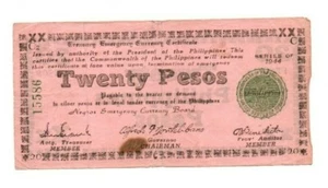 1944 PHILIPPINES Negros Emergency Note 20 Pesos S679 Pink Paper Only 24k Printed - Imagen 1 de 2
