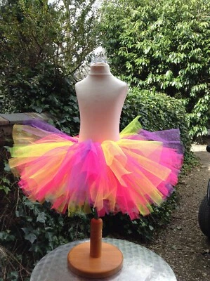 Girls Rainbow Neon Pink Mix Handmade Tutu Skirt Age 6-7 Yrs Flame Proof Netting - Image 1 of 4