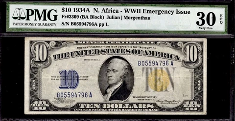 1934A North Africa Silver Certificate $10 Note B/A Block PMG VF30 EPQ Fr#2309 Cover