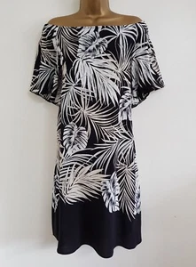 NEW Wallis 10-12 Bardot Off Shoulder Palm leaf Print Black White Beige Dress