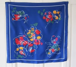 VINTAGE ITALIAN ROYAL BLUE POLYESTER FLORAL SCARF, 26" X 26" - Picture 1 of 4