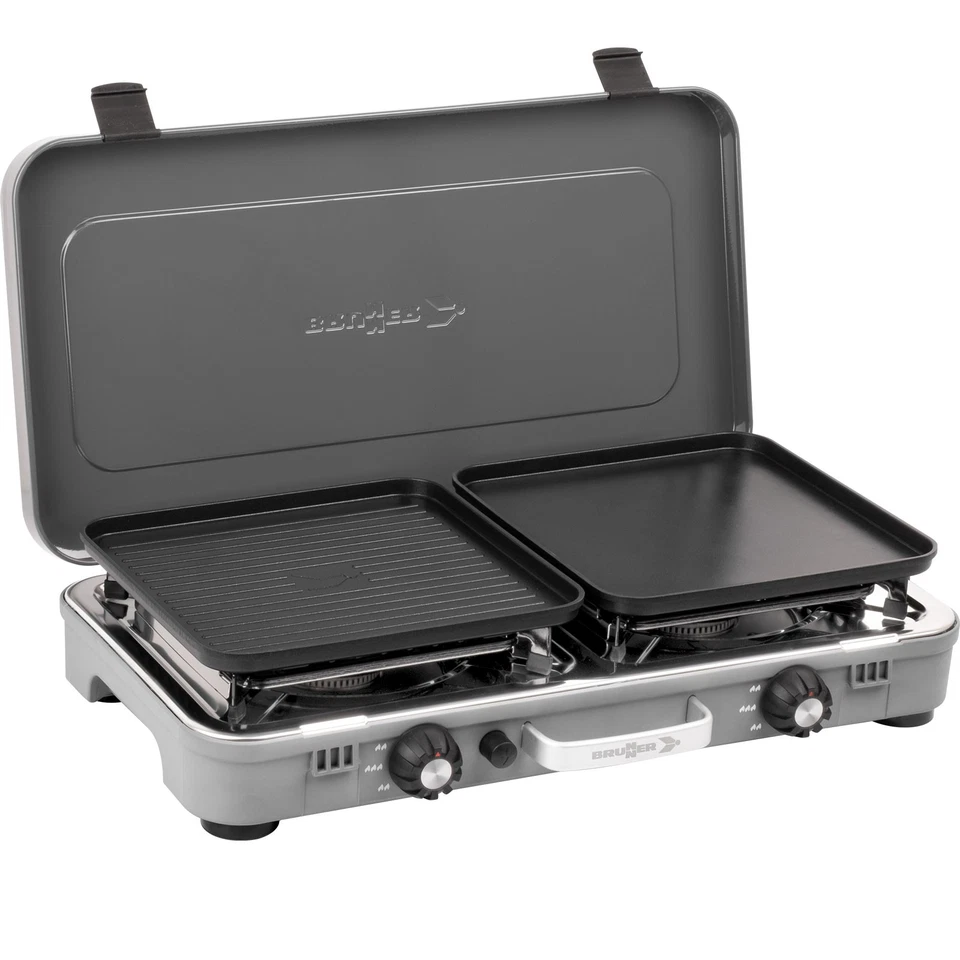 BRUNNER Kookmaster GP Gaskocher Campingkocher 2-flammig mit 2 Grillplatten