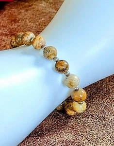 Vintage Sterling Silver White Jasper 8mm Beaded Bracelet 7" 11.6g - Picture 1 of 8