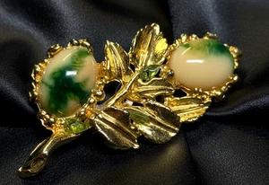 Vintage Brooch Gold Tone Metal Leaf Art Glass Cabochons Unidentified Beauty - Picture 1 of 13