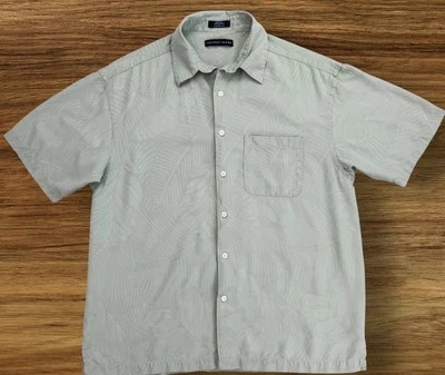 Camisa de seda Geoffrey Beene para hombre L verde con botones estampado de palma manga corta Foto 1 de 4