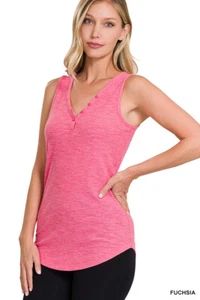 Zenana Heathered V neck Button Henley tank top colors S M L copper magenta olive - Picture 1 of 12