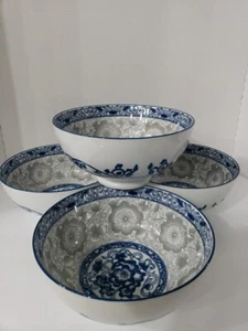 4 hermosos tazones de sopa de arroz con fideos florales japoneses azul marino/gris, 8" de Cheng’s usados en excelente estado - Imagen 1 de 6