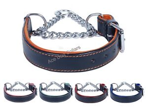 Ace Dog Collars Comfy Half Check Leather Dog Collar ::: STAINLESS STEEL CHAIN:::
