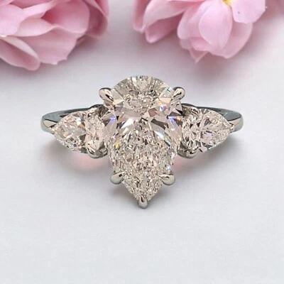 2.70 Ct 3 Stone E VS1 Diamond Ring Pear Shape IGI Certified Lab Grown Platinum - Image 1 of 4