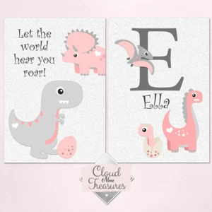 Girl Dinosaur DOUBLE PRINT ONLY a4 pink wall art girly bedroom personalised - Picture 1 of 2