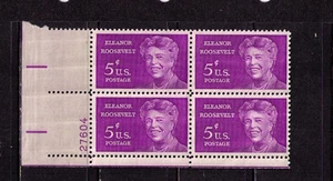 US USA Sc# 1236 MNH FVF PLATE # BLOCK Eleanor Roosevelt First Lady - Picture 1 of 1