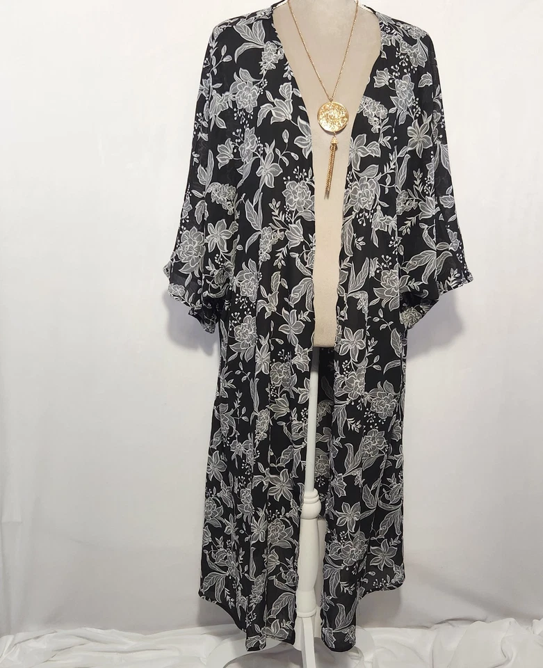 Cardigan Size XXL-XXXL Black Chiffon Floral Print Kimono Sleeve Duster Cardigan - Image 1 of 4