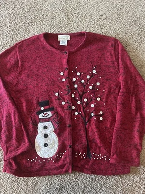 Cárdigan suéter rojo vintage Mandal Bay para mujer talla XL muñeco de nieve vacaciones de Navidad Foto 1 de 4