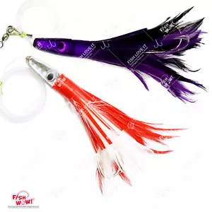 Señuelo doble gancho de atún de pesca de 6" cabeza de pluma a chorro aparejado 2 colores NUEVO - Imagen 1 de 9