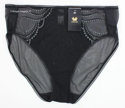 NWT Wacoal 841304 "Evocative Edge" Embroidered Mesh Hi Cut Brief Panty, Black - Image 1 of 4