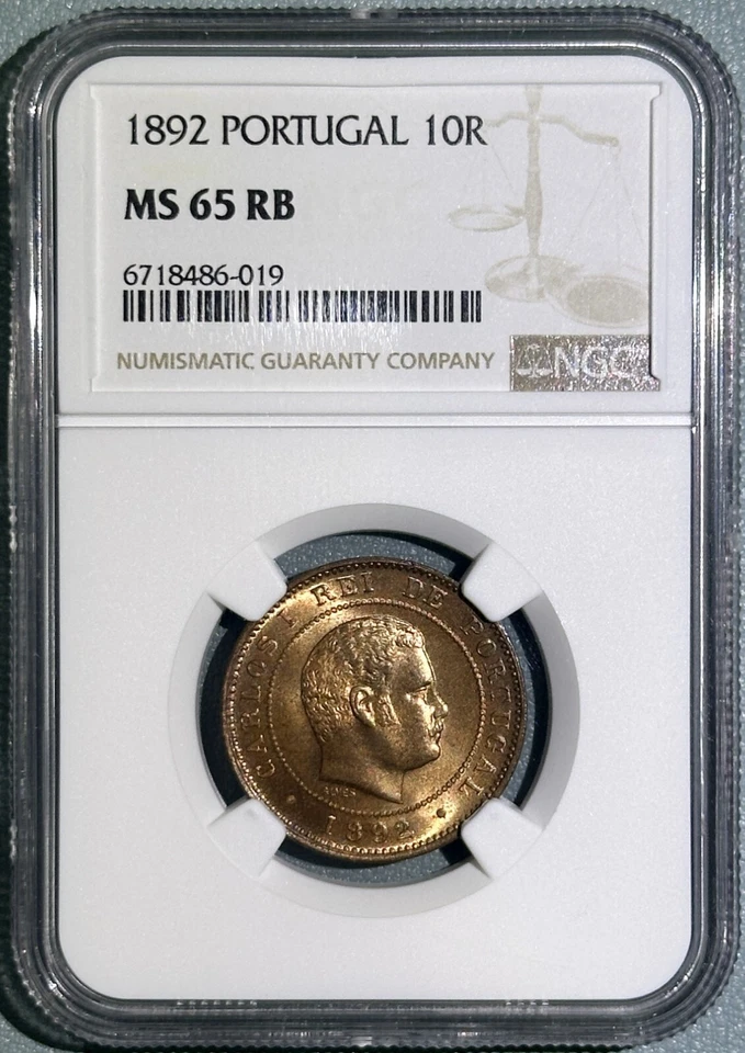 Portugal 1892 10 Reis Full Red Bronze ChBU Coin Carlos I Top Pop NGC MS65RB 5/0 - Image 1 of 3
