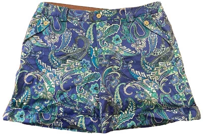 Lauren Ralph Lauren 女式蓝色佩斯利短裤金色纽扣卷边袖口 16 码 — 第 1/4 张图片