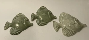 Set Of 3 Ceramic Green Glazed Puffer Fish 3D Wall Hanging Decor Pottery 5" to 6" - Picture 1 of 8