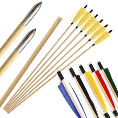 31.5" Wooden Arrow Shaft 5" Turkey Feather Target Points Longbow Archer - Image 1 of 4