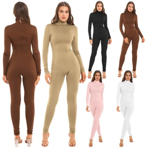 Womens Gym Yoga Jumpsuit Long Sleeves Stretchy Bodysuit Fitness Workout Unitard - Picture 1 of 95