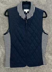 Talbots Vest Womens Medium Blue White Stripe Quilted Full Zip Pockets - Picture 1 of 6