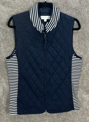 Talbots Vest Womens Medium Blue White Stripe Quilted Full Zip Pockets - Image 1 of 4