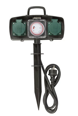 2 fach Gartensteckdose mit Zeitschaltuhr Außensteckdose Strom Verteiler IP44 - Bild 1 von 3