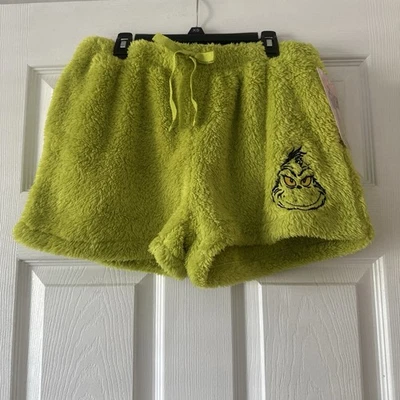NWT Dr. Seuss The Grinch Fuzzy Green Embroidered Teddy Lounge PJ Shorts Pocket L - Image 1 of 4