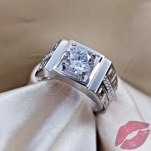 2Ct Round Cut VVS1/D Diamond Men's Engagement Wedding Ring 14K White Gold Finish - Picture 1 of 10