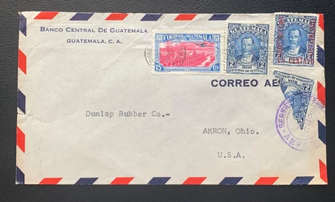 1941 BANCO CENTRAL DE GUATEMALA AIRMAIL COVER-AKRON OHIO USA USED VF Cover
