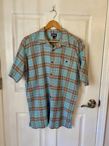 Patagonia Mens Organic Cotton Orange Plaid Short Sleeve Button Up Shirt Size L - Picture 1 of 11