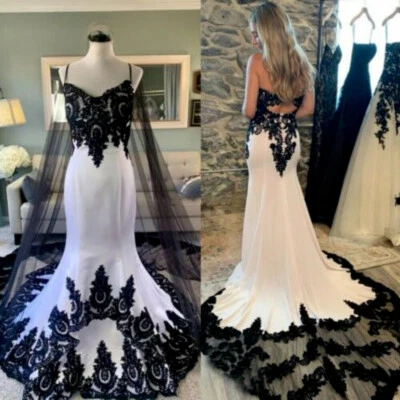 Gothic Mermaid Wedding Dresses WithCape Spaghetti Strap Satin Black Bridal Gowns - Image 1 of 4
