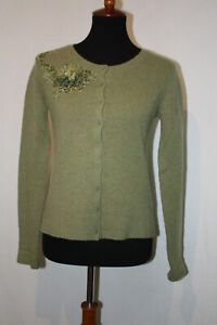 DKNY Sz S Lambswool Cardigan Sweater Olive Green Button Down Beads Sequin Flower