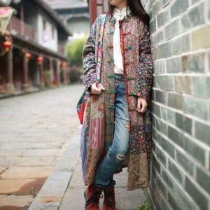 Abito donna cotone lino arte popolare maxi lungo bottoni floreale sciolto Cheongsam - Foto 1 di 10