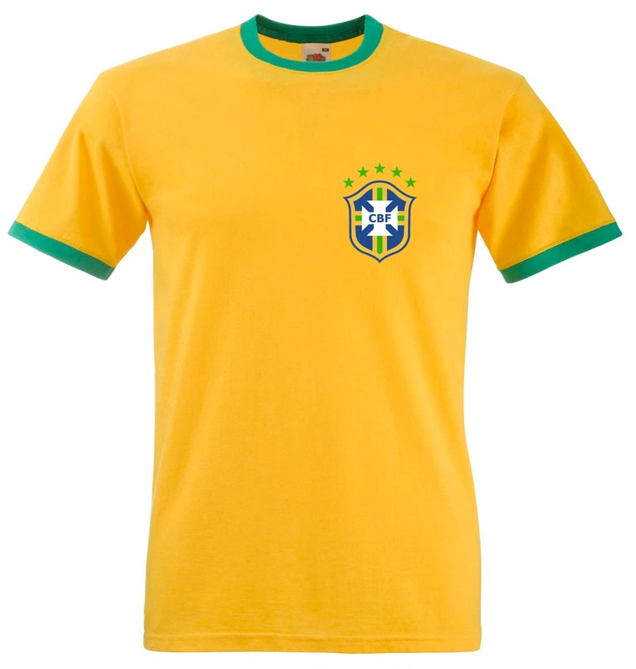 Retro Brazil Ringer T Shirt. Slim fit Brazilian Soccer Football Tee. S to 3XL - Image 1 of 1