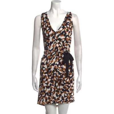 Vestido DIANE von FURSTENBERG DVF Dorado Negro Marfil Estampado Seda Corbata Cintura Lida 4 = S Foto 1 de 4