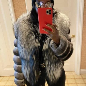 Women 2025 New Chinchilla Coat with Silver Fox Collar Real Rex Rabbit Fur Jacket - Picture 1 of 6