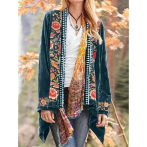 RNSHANGER Bohemian Velvet Jacket Floral Open Front Long Sleeve - Picture 1 of 4