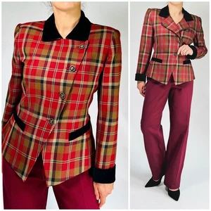 VINTAGE KASPER A.S.L Petite blazer donna lana quadri velluto colletto giacca 8P - Foto 1 di 11