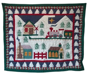 Vintage Handmade Holiday Train Village Quilt Wall Hanging Tapestry Art 48x58 - Picture 1 of 6