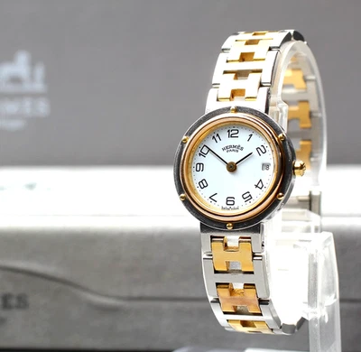 Juego Completo [Casi COMO NUEVO] HERMES Clipper 24mm Marfil Oro Fecha Reloj de Cuarzo para Mujer Foto 1 de 4