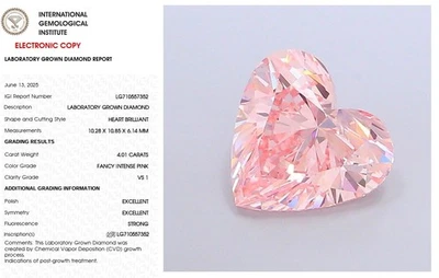 Lab Created Diamond Heart 4.01 For Engagement Ring IGI Fancy Intense Pink VS1 - Image 1 of 4