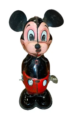 *零件* 复古 Linemar 米老鼠 带旋转尾部 锡石 发条 玩具 日本 — 第 1/4 张图片